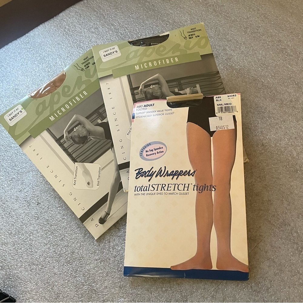 3 pair dance tights - Capezio Microfiber Knit Transition tights, 1 body wrapper